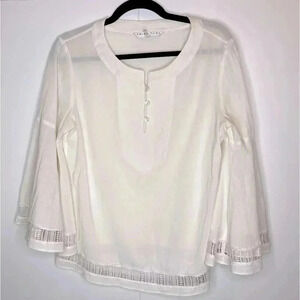 Trina Turk Bell Sleeve Scoop Neck White Tunic Top Size Small Sheer Detail​​